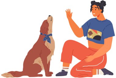 Dişi hayvan sahibi köpekle oynuyor. Dört ayaklı arkadaş kavramını önemsiyorum. Köpekli mutlu bayan, evcil hayvan, evde insan yoldaş. Köpek emirlere uyar, kadına pençe atar. Köpek eğiten kız.