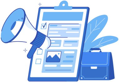 Çeşitli nesneler ve sembollerle iş zekası konsepti vektör arkaplan çizimi, plan veya listeli klip tahtası, hoparlör, iş adamı çantası, analitik toplantı için kağıt belge