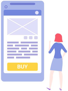 Akıllı telefonun yanında elinde simge olan bir kadın satın alıyor. Akıllı uygulama, perakende taşınabilirlik çözümleri, İnternet alışverişi, kadın karakter alışveriş için uygulama kullanıyor, mallar için çevrimiçi ödeme