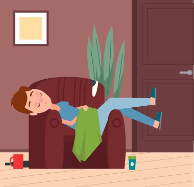 Yorgun bir adam akşam evde koltukta uyuyakaldı. İnsan yoğun bir iş gününden sonra dinleniyor. Oturma odasının içinde gözleri kapalı bir şekilde kanepede yatan erkek karakter. Rüyada rahatlama paerson