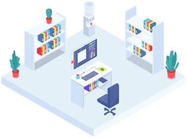 Ofis içi modern merkez yaratıcı iş ortamı boş çalışma alanı düz vektör öncülüğü bilgisayar tablosu, kitap veya dokümanlı kitaplık, mobilya, iş romu, şirket işi