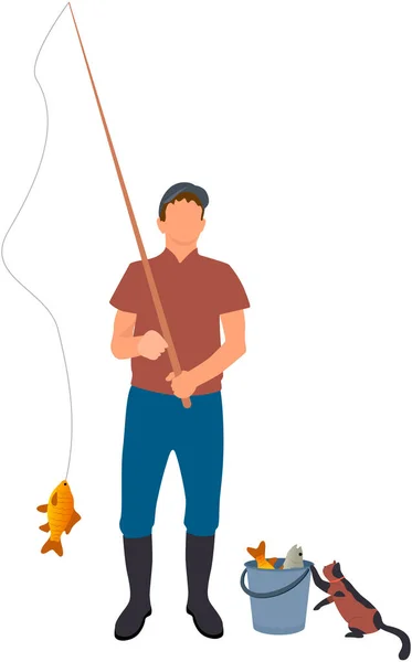 ロッドを持つ漁師はペットと屋外で時間を過ごす 釣竿とバケツ一杯で立つ魚 キャッチで遊ぶ猫 男釣り 子猫と魚をキャッチします 動物の世話 ペットの概念 — ストックベクタ