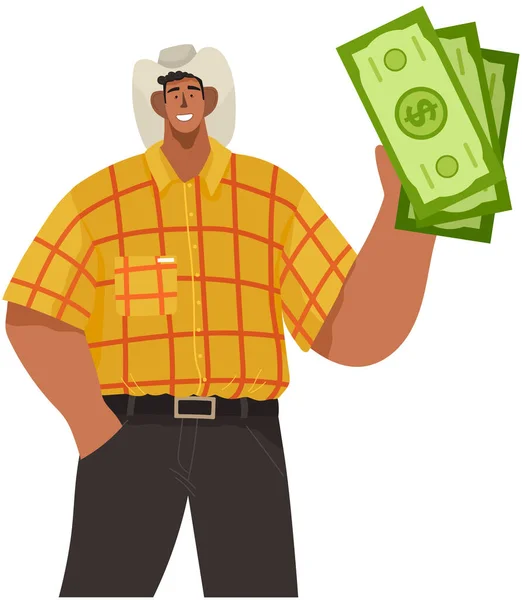 Man Holds Stack Dollar Bills His Hand Rich Male Character — Stock Vector