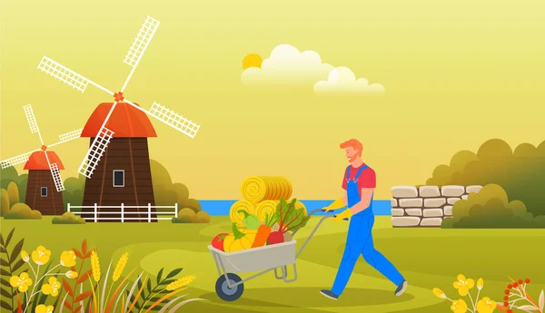 Egy Farmer Overálban Gumicsizmában Aki Talicskát Tolt Tele Zöldségekkel Mezőgazdasági — Stock Vector