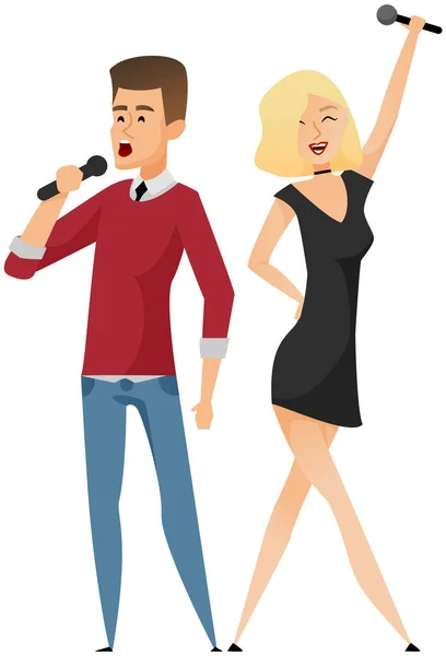 Couple Singers Microphones Cartoon Young Male Pretty Female Vocalists Singing — 스톡 벡터