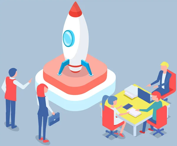 Teamwork Planning Business Launching Idea People Standing Rocket Startup Symbol — Vector de stock