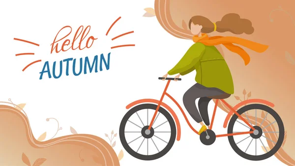 Hallo Herbst Postkarte Vorlage Vektor Illustration Junges Mädchen Beim Fahrradfahren — Stockvektor