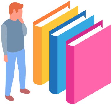 Adam kitap seçiyor edebiyat yığınının yanında duruyor, erkek karakter okuyucu okumayı seviyor. Çevrimiçi internet kütüphanesi eğitim belgelerini öğrenme. İnternette kitap okumak, ders kitapları okumak