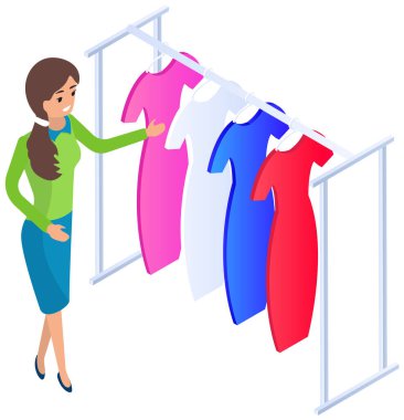 Choosing clothes in store, shopping concept. Female buyer chooses clothing in dressing room. Customer with dress hanging on hanger in mall. Woman shopper stands in fitting room of store or boutique