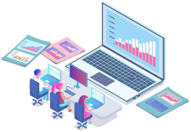Ofiste iletişim kuran iş adamları istatistikleri tartışıyor, farklı grafik ve grafikleri analiz ediyorlar. Finansal muhasebe konsepti. Organizasyon süreci, analitik, planlama, rapor, pazar analizi