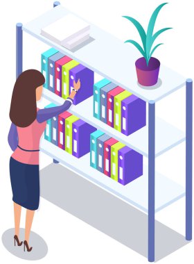 Woman secretary near case with documents. Vector business woman or student takes out folder with documents. Office worker take archive files. Young employee standing near office stand with folders