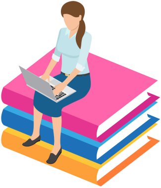 Kendi kendine eğitim, kitap okuyan kız, okumak ve yeni bilgiler edinmek. Ders kitapları yığınının üzerinde oturan bir öğrenci. Çevrimiçi kurslar, uzak öğrenim, kişisel eğitim, dijital kütüphane, e-öğrenim kavramı