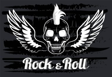 Rock and roll el yazısı. Rock partisi posteri. Rock müzik festivali ilanı. Klasik stil rock festivali canlı konser Grunge davetiye tasarımı. Kanatlı kafatası amblemi olan müzik grafikleri