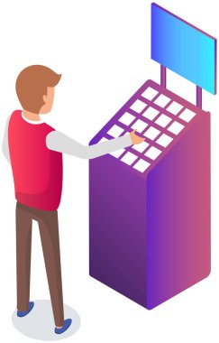 Kendi kendini kontrol eden teknoloji makinesi. Ofis veya iş merkezi ekipmanları beyaz arka planda izole edilmiş. Modern cihazlar, iş için bilgisayar teknolojisi. Teknik destek, ödeme için kasiyer aygıtı