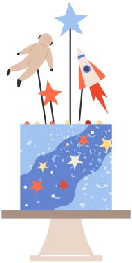 Uzay temalı parti için pasta. Sevimli astronomik şekiller, tatlı tasarımında cennet gibi vücutlar. Roket, gezegenler, yıldızlar ve astronot tatil pişirme dekorasyonu için. Kozmik tarzda doğum günü pastası