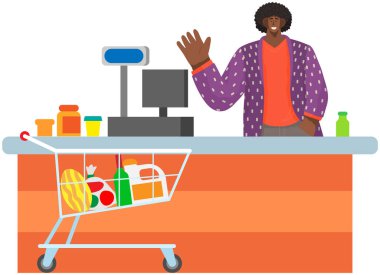 Süpermarket tezgahı ekipmanları ve üniformalı tezgahtar ürünler, market alışverişleri satıyor. Mağazada ya da teknoloji bölümünde müşterilerle çalışan bir satış elemanı. Mutlu adam el sallıyor