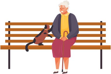 Hayvan sahibi kedisiyle bankta oturuyor. Hayvanlarla ilgilenmek, evcil hayvan konseptiyle ortak zaman geçirmek. Kedisi olan yaşlı bir kadın, evcil bir hayvan. Emekli kadın karakter kedi yavrusuyla vakit geçiriyor.