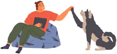 Hayvan sahibi köpekle oynuyor. Hayvanlara bakmak, evcil hayvanlarla ortak zaman geçirmek. Yavru köpeği olan mutlu bir adam. Evcil hayvan arkadaşı. Erkek karakter eğitmeni köpek. İnsan köpekle vakit geçirir ve beş dakika verir.