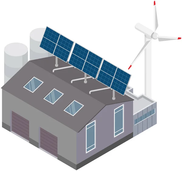 Erneuerbare Nachhaltige Industrielle Fabrikgebäude Mit Photovoltaik Sonnenkollektoren Auf Den Dächern — Stockvektor