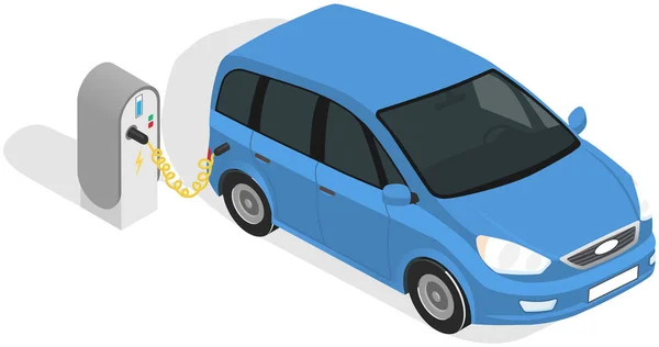 現代の電気スマートカー充電 ケーブルのプラグと充電ステーションでの自動車駐車場 将来の輸送電子運動を電化 再生可能エネルギーによる環境配慮型輸送 — ストックベクタ