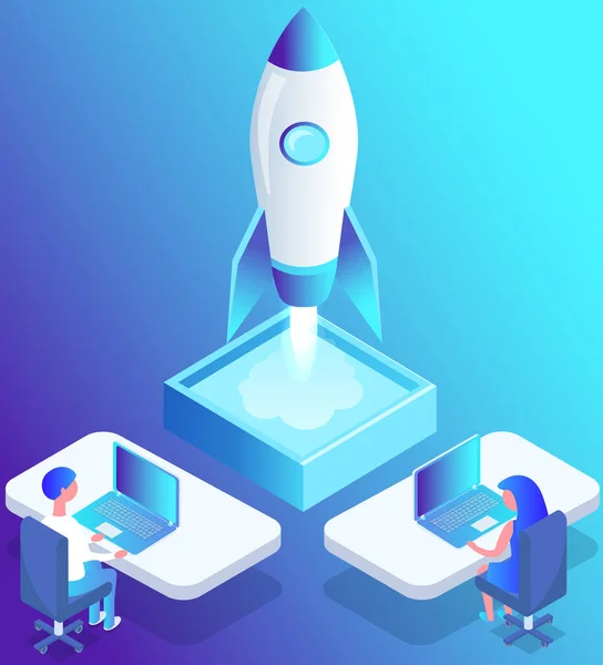Teamwork Planning Business Launching Idea People Standing Rocket Startup Symbol — Stockvektor