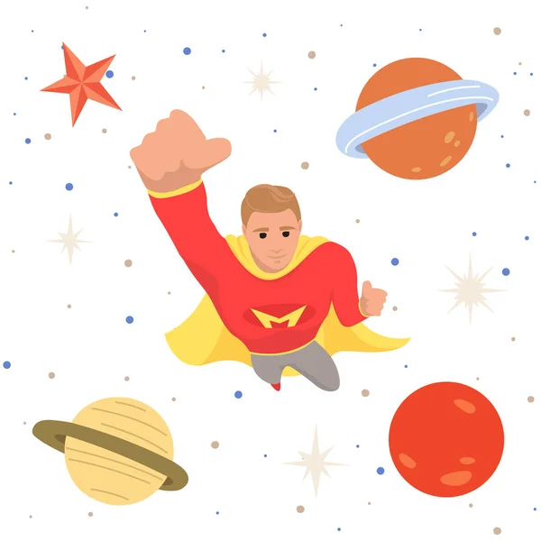 Male Superhero Galaxy Flying Outer Space Man Cosmic Area Planet — Stok Vektör