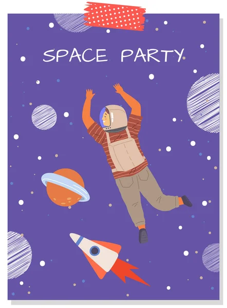 航空宇宙飛行士やロケットとポストカード グリーティングカードや宇宙スタイルのパーティーへの招待状 宇宙飛行士の衣装を着た人々との創造的なポスター 宇宙パーティーデザインのためのバナーベクトルイラスト — ストックベクタ