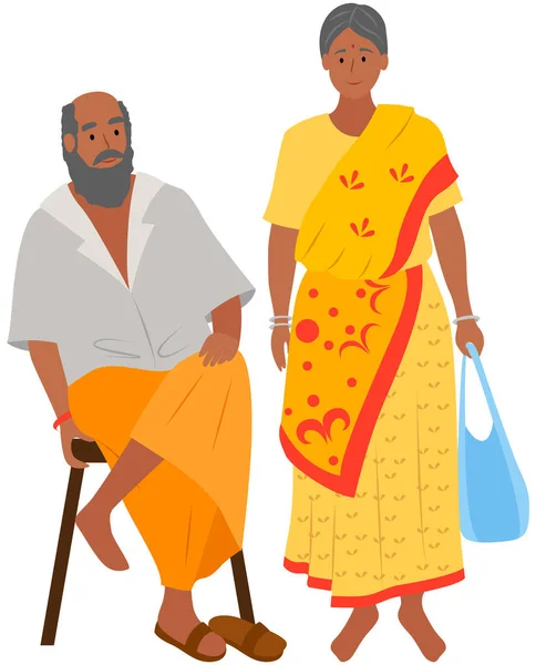Casal Índio Sénior Homem Mulher Avós Casal Roupas Tradicionais Velhos — Vetor de Stock