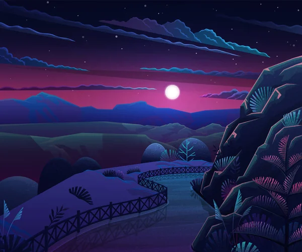 山の道路で夜 ベクトル漫画の風景です 丘や背の高い木 水平線の緑豊かな茂みに松林 星空の雲 美しい夜景 田園地帯の植物と経路 — ストックベクタ