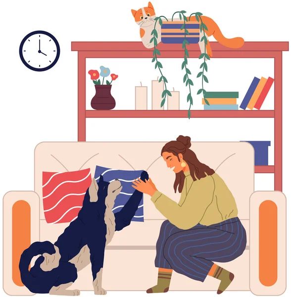 Dişi hayvan sahibi köpekle oynuyor. Dört ayaklı arkadaş kavramını önemsiyorum. Köpekli mutlu bayan, rahat oturma odasında evcil hayvan. Köpek emirlere uyar, kadına pençe atar. Köpek eğiten kız.