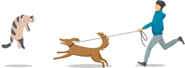 Huisdier Eigenaar Wandelen Met Hond Zorg Voor Dieren Gezamenlijke Tijdverdrijf — Stockvector