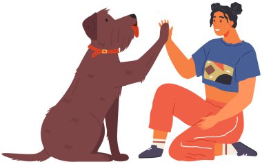 Dişi hayvan sahibi köpekle oynuyor. Dört ayaklı arkadaş kavramını önemsiyorum. Yavru köpeği olan mutlu bir kadın. Beyazlar üzerinde izole edilmiş evcil bir hayvan. Köpek emirlere uyar, kadına pençe atar. Kız eğitmeni köpek beşi ver.