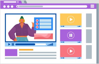 Şablon video çerçevesi. Youtube video oynatıcı düzeni. Video içeriği modeli. Sosyal medya içeriği, modern dijital teknolojiler. Mutlu kadın blogcu, aboneler için video kayıt podcastlarını yönetiyor
