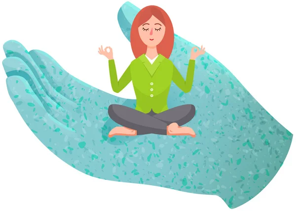 Meditációs Koncepció Csinos Jógás Lótuszban Emberi Kézben Ülve Légzési Gyakorlatokat — Stock Vector