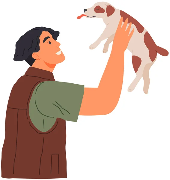 Male Pet Owner Plays Little Dog Caring Four Footed Friend — Stock Vector