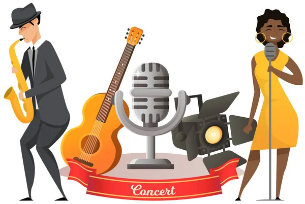 Güzel bayan şarkıcıyla çeşitli caz düetleri şarkı söyler. Müzikal enstrüman saksafonla çalan bir grup müzisyen sahnede performans sergiliyor. Hobiler ve meslek, sahne sanatçıları, klasik konser