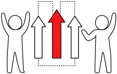 Başarı web simgesi, mutlu adamlar elleri havada sevinçle zıplıyorlar, amaç için çabalıyorlar, plan yapıyorlar, hedef alıyorlar. Strateji, finans takım çalışması, başarı için tutarlılık, zafere giden yolda kişisel başarılar