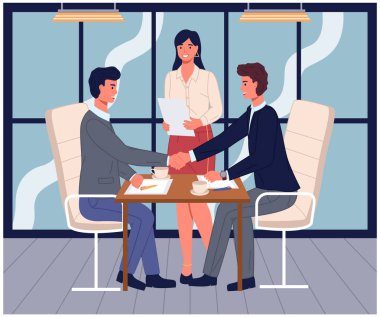 İş ortaklığı başlıyor. İş adamları sözleşme imzaladıktan sonra el sıkışıyor. Ofisteki ortakların iş toplantısı. Erkek meslektaşlar iş görüşmeleri ve anlaşmaları tartışıyor