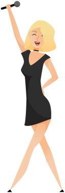 Young beautiful girl sings song into microphone standing, presenter running show. Hobby or professional activity stage performance, singer sings songs to music at concert, karaoke party