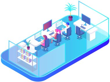 İnsanlar birlikte çalışma ofisinde çalışıyorlar, modern çalışma alanı iç tasarımı. Çalışanların işyeri, açık ofis, dizüstü bilgisayarlı iş ekibi. Çalışma masaları tekerlekli sandalyeler, bilgisayarlar, şirket merkezleri.