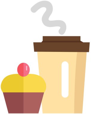 Tatlı beslenme, yağ yeme, aşırı kilolu kahve konseptli hamur işi. Tasarım kafesi menüsü için ürünler. Fast food vektör çizimi. Kağıt bardak, sıcak içecek ve kek. Çay, köpüklü içecek ve kek.