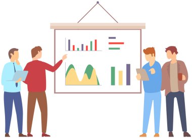 Müdür istatistiksel rapor analiz çizelgelerinin sunumunu yapıyor. Planlama işi. Proje yönetimi, mali raporlama ve strateji için takım çalışması danışmanlığı. Veri analizi araştırma istatistikleri