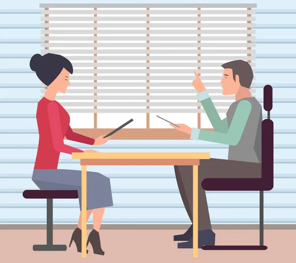 Empresários Sentam Mesa Comunicam Colegas Passam Tempo Juntos Durante Trabalho — Vetor de Stock