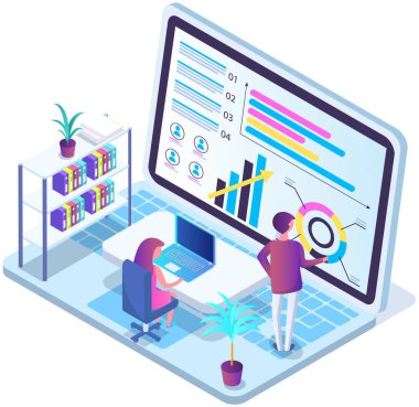 Ofiste iletişim kuran iş adamları istatistikleri tartışıyor, farklı grafik ve grafikleri analiz ediyorlar. Finansal muhasebe konsepti. Organizasyon süreci, analitik, planlama, rapor, pazar analizi