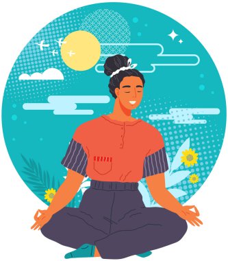 Kadın evde meditasyon yapıyor yoga pozisyonunda yerde oturuyor, rahatlama egzersizleri yapıyor, nefes alma egzersizleri yapıyor. Yoga, meditasyon, rahatlama, dinlenme, sağlıklı yaşam tarzı, lotus pozisyonunda bir kız.