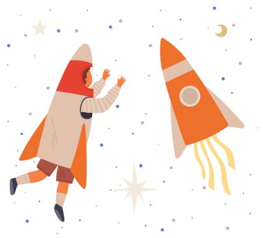 Astronaut travels in intergalactic space. Man on spaceship flies in solar system. Fantastic transport of explorer in space. Spaceman flying among rocket and stars. Sky landscape with celestial objects