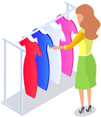 Choosing clothes in store, shopping concept. Female buyer chooses clothing in dressing room. Customer with dress hanging on hanger in mall. Woman shopper stands in fitting room of store or boutique