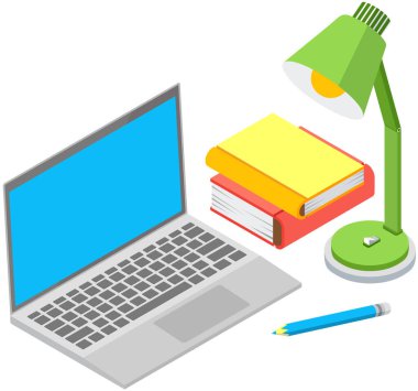 Merkez ofis geçmişi. Odanın içi, serbest çalışan ya da uzaktan çalışan birinin işyeri. Dizüstü bilgisayar, masa lambası, kitap yığını, masa üzerinde kalem, içinde belgeler olan dosyalar. Öğrenciler için çalışma yeri