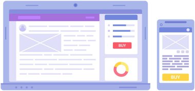Çevrimiçi akıllı telefon pazarı, satın alma düğmeli alışveriş uygulaması. İnternet vektör illüstrasyonuyla mal satın alma programı olan bir telefon. Akıllı uygulama, perakende taşınabilirlik çözümleri, internet alışverişi