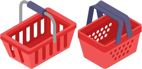 带手柄的购物篮 超级市场用品 用于产品 商店或杂货店设备的容器 阅读塑料购物篮 供储存货物和供采购用的集装箱 — 图库矢量图片